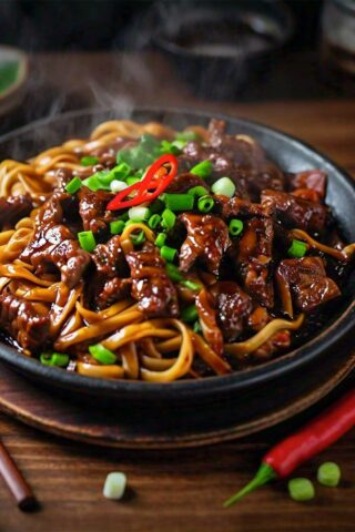 a plateful of Mongolian beef noodles.