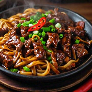 a plateful of Mongolian beef noodles.