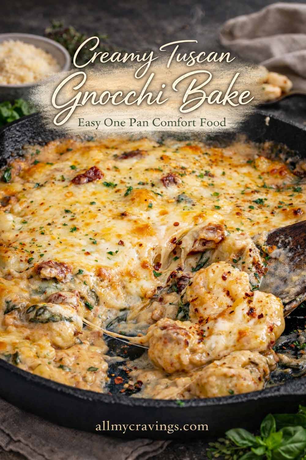 pin for creamy tuscan gnocchi bake.