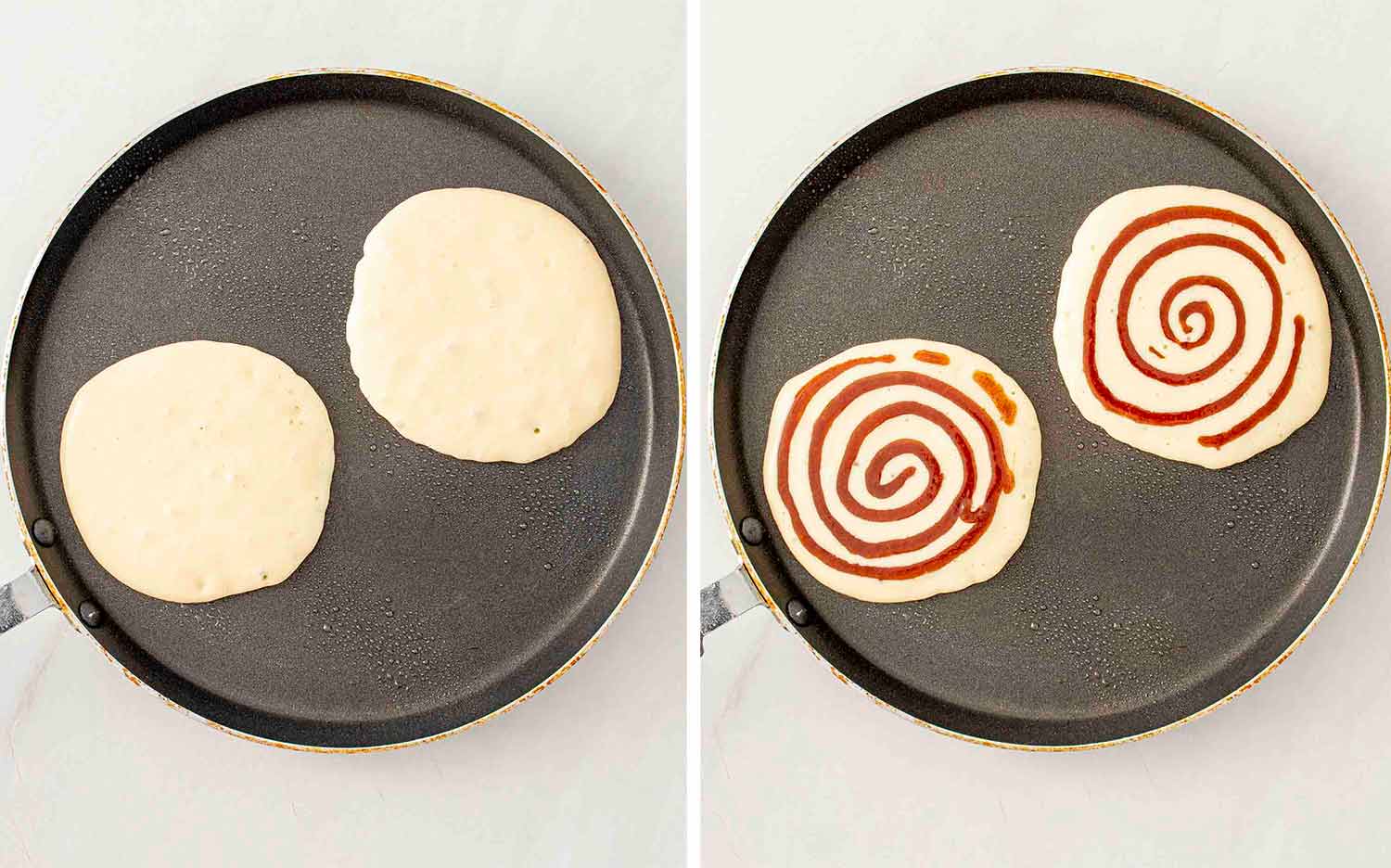 process shots showing how to make brown sugar cinnamon swirl pancakes.
