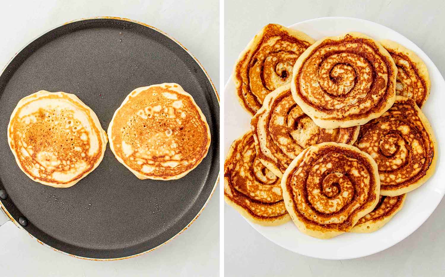 process shots showing how to make brown sugar cinnamon swirl pancakes.