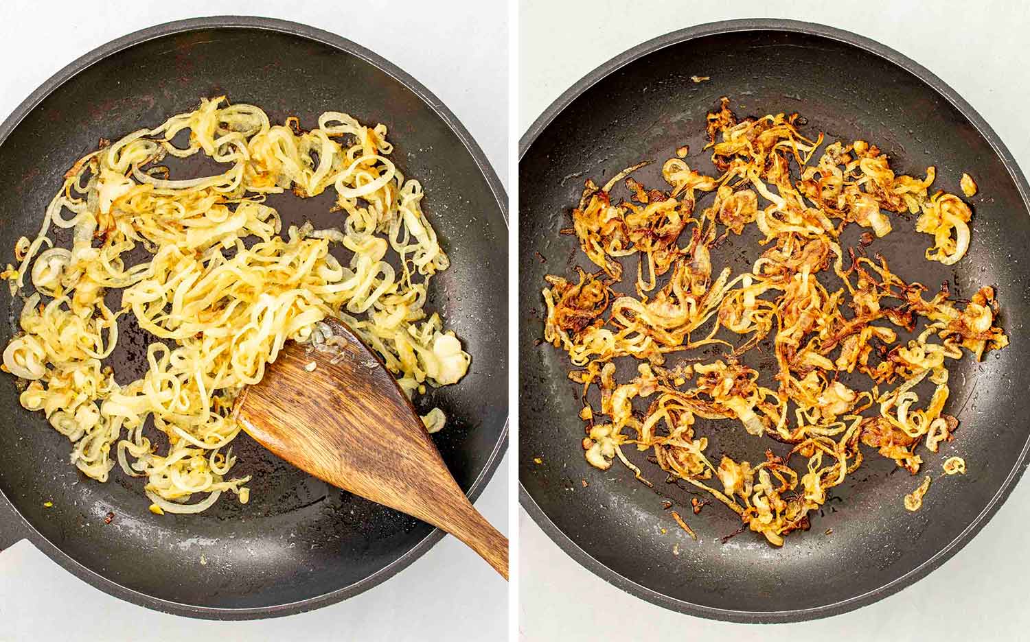 process shots showing how to make caramelized onion and grueyere mashed potatoes.