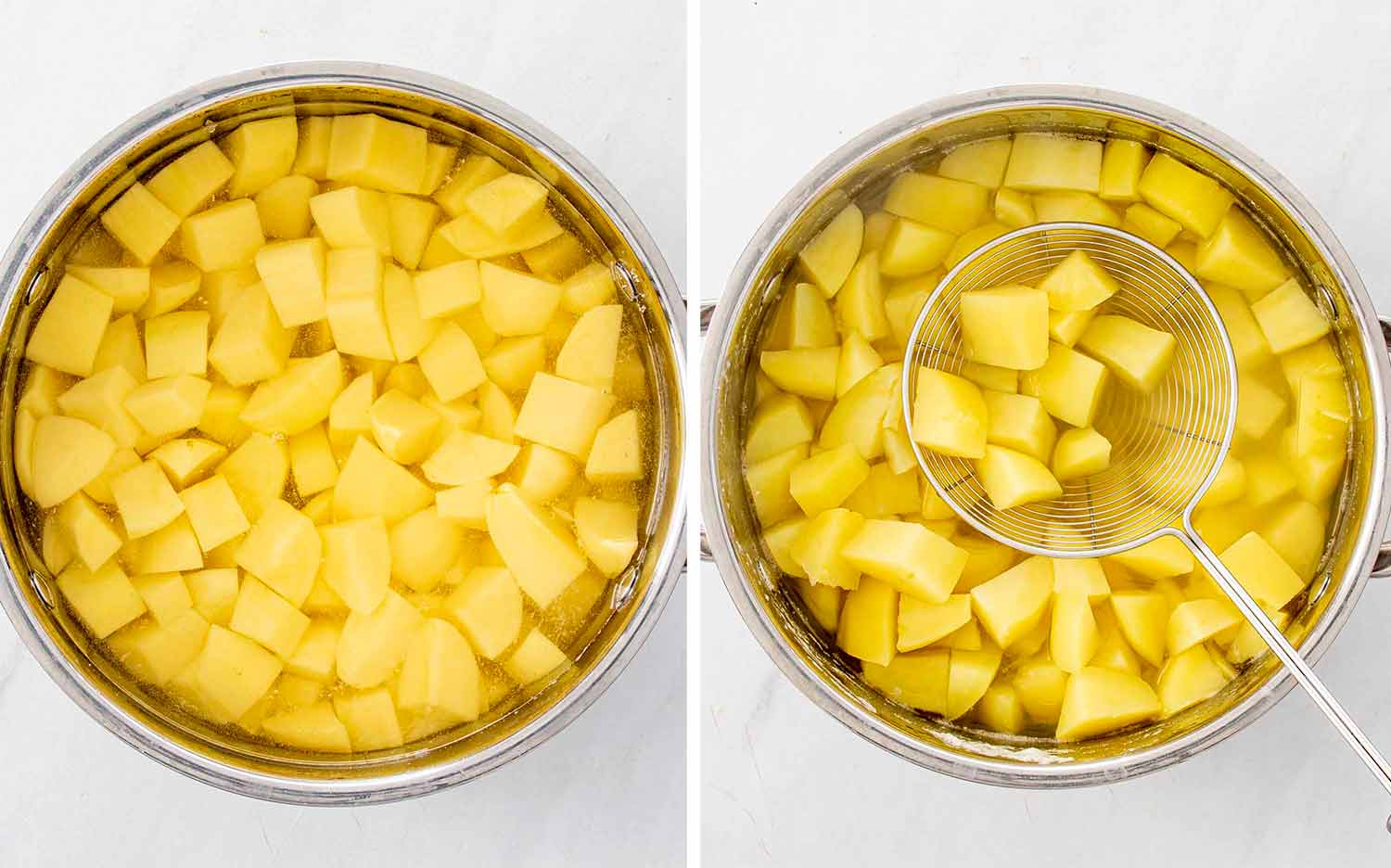 process shots showing how to make caramelized onion and grueyere mashed potatoes.