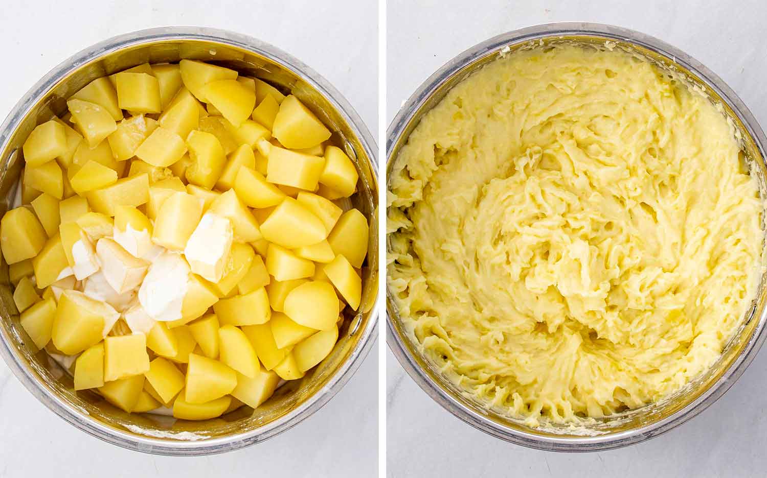 process shots showing how to make caramelized onion and grueyere mashed potatoes.