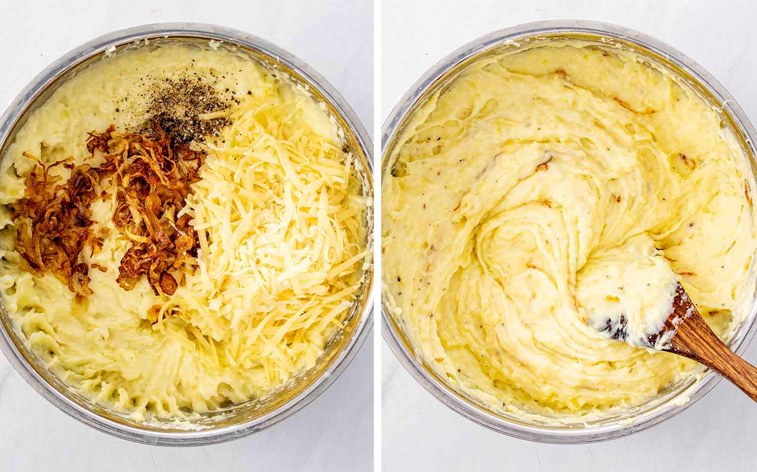 process shots showing how to make caramelized onion and grueyere mashed potatoes.