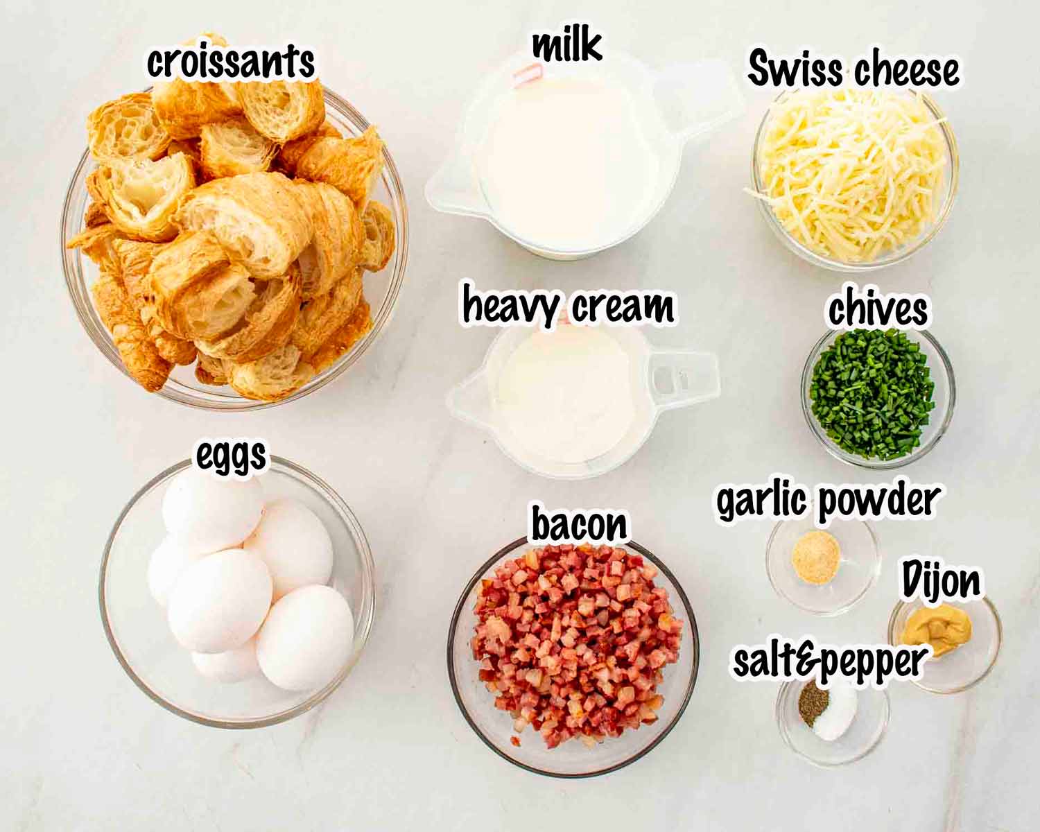 ingredients needed to make ham and cheese croissant egg bake.
