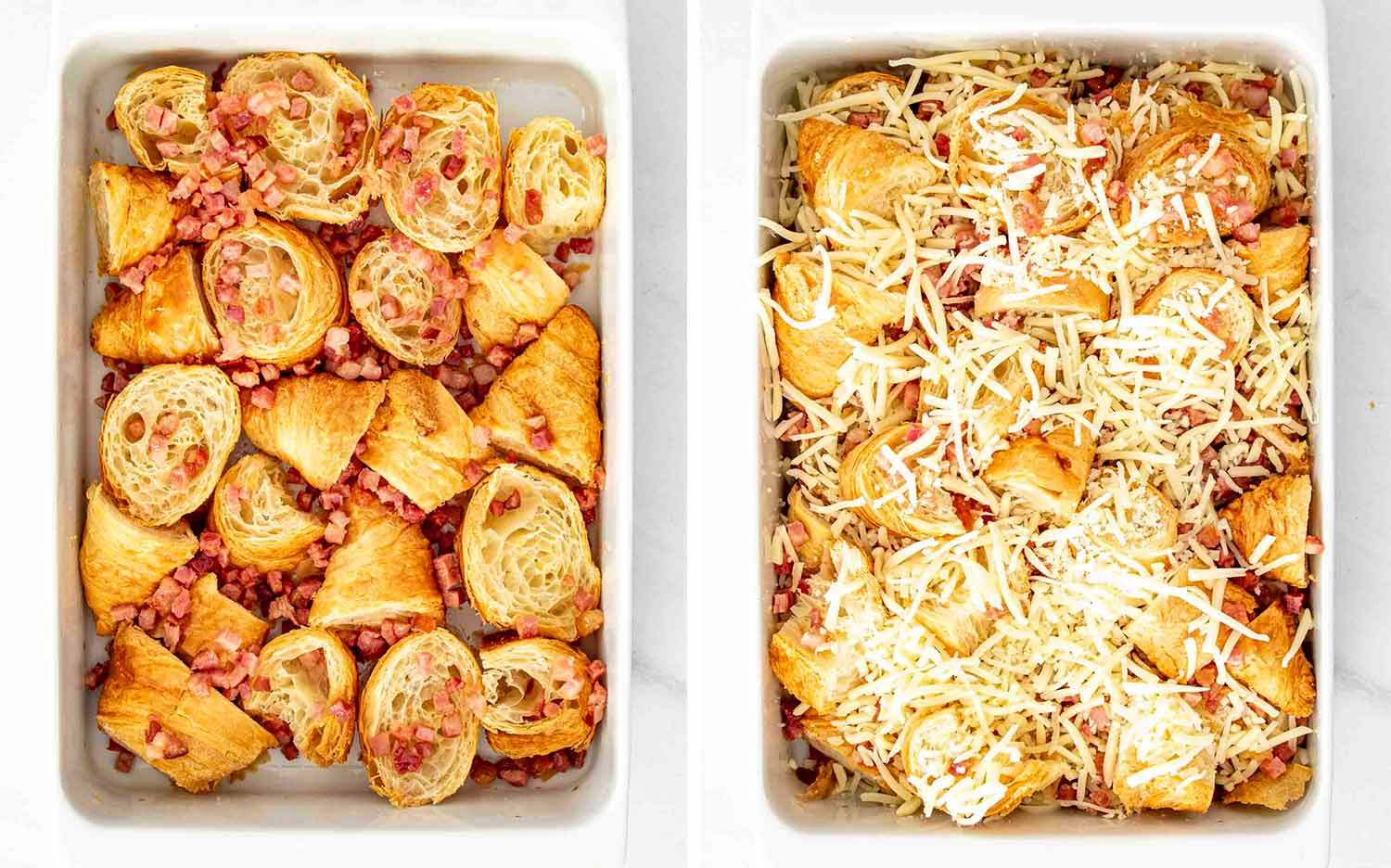 process shots showing how to make ham and cheese croissant egg bake.