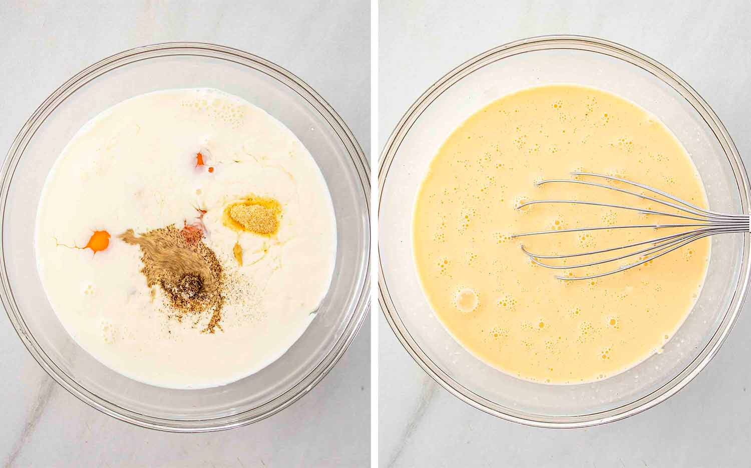 process shots showing how to make ham and cheese croissant egg bake.