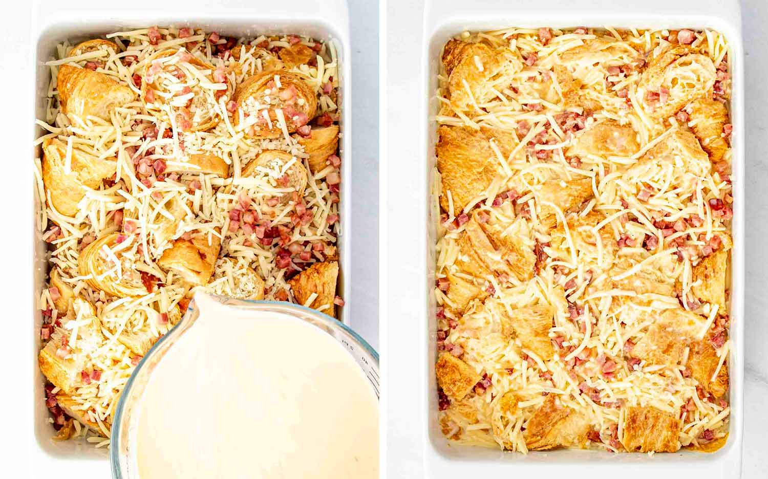 process shots showing how to make ham and cheese croissant egg bake.