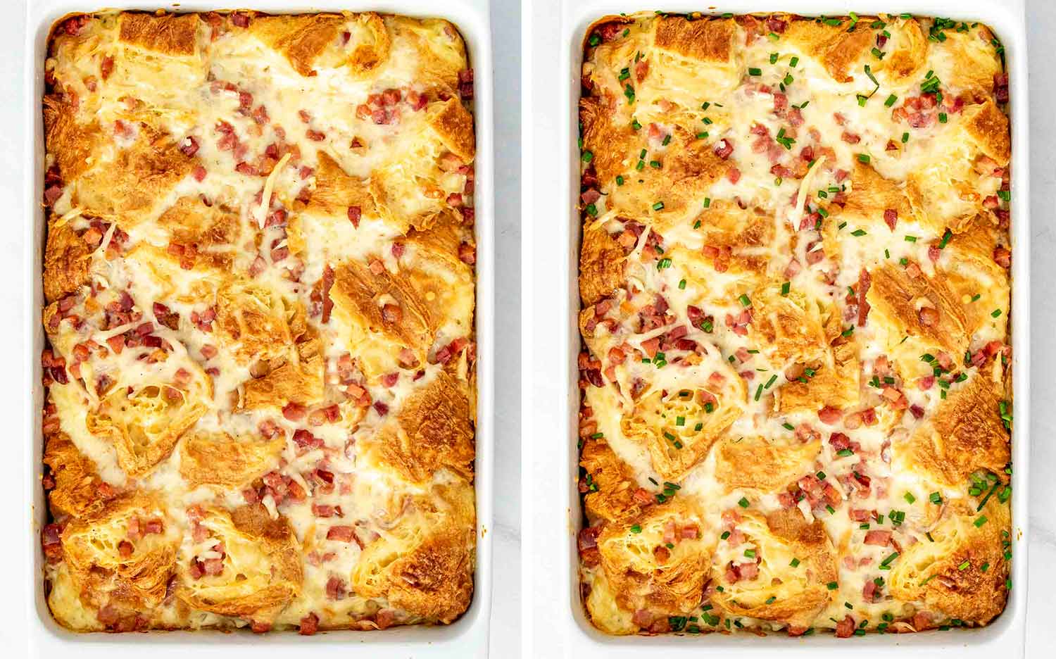 process shots showing how to make ham and cheese croissant egg bake.