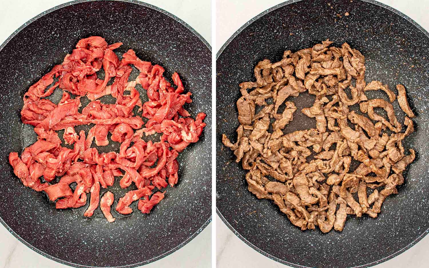process shots showing how to make mongolian beef noodles.