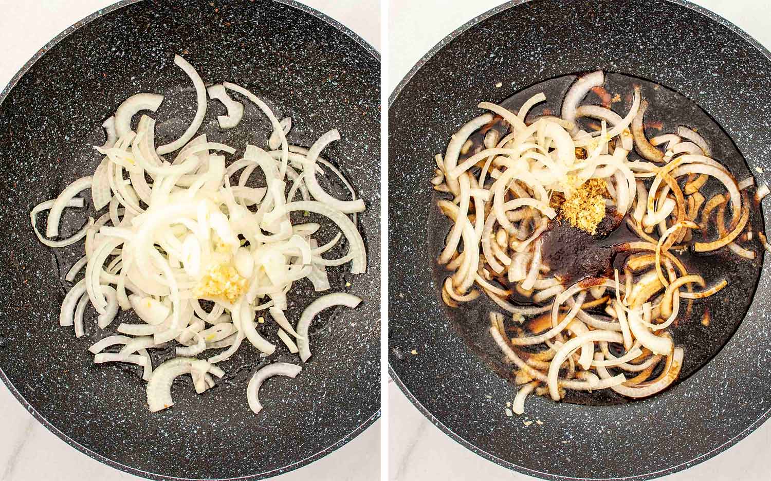 process shots showing how to make mongolian beef noodles.