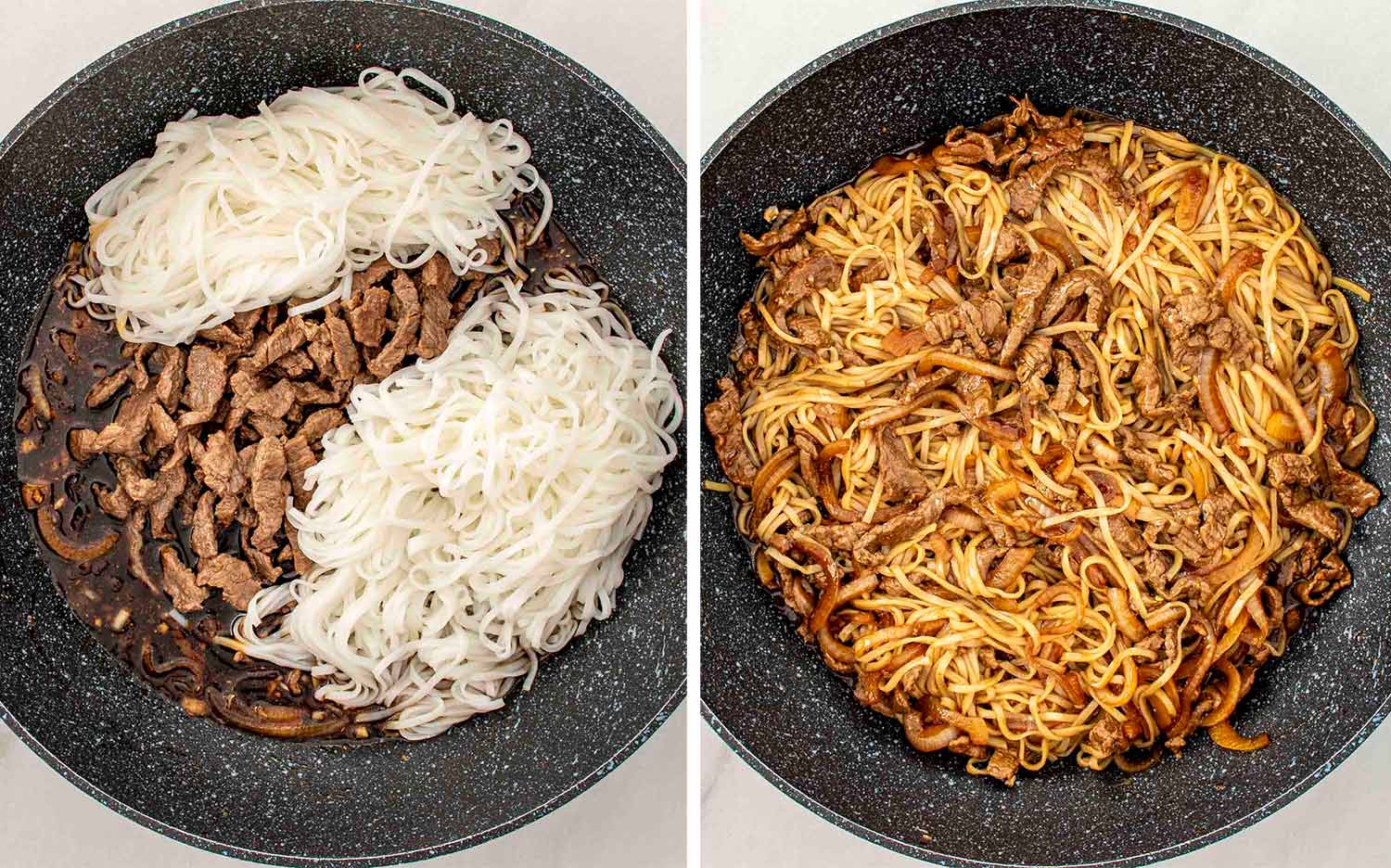 process shots showing how to make mongolian beef noodles.