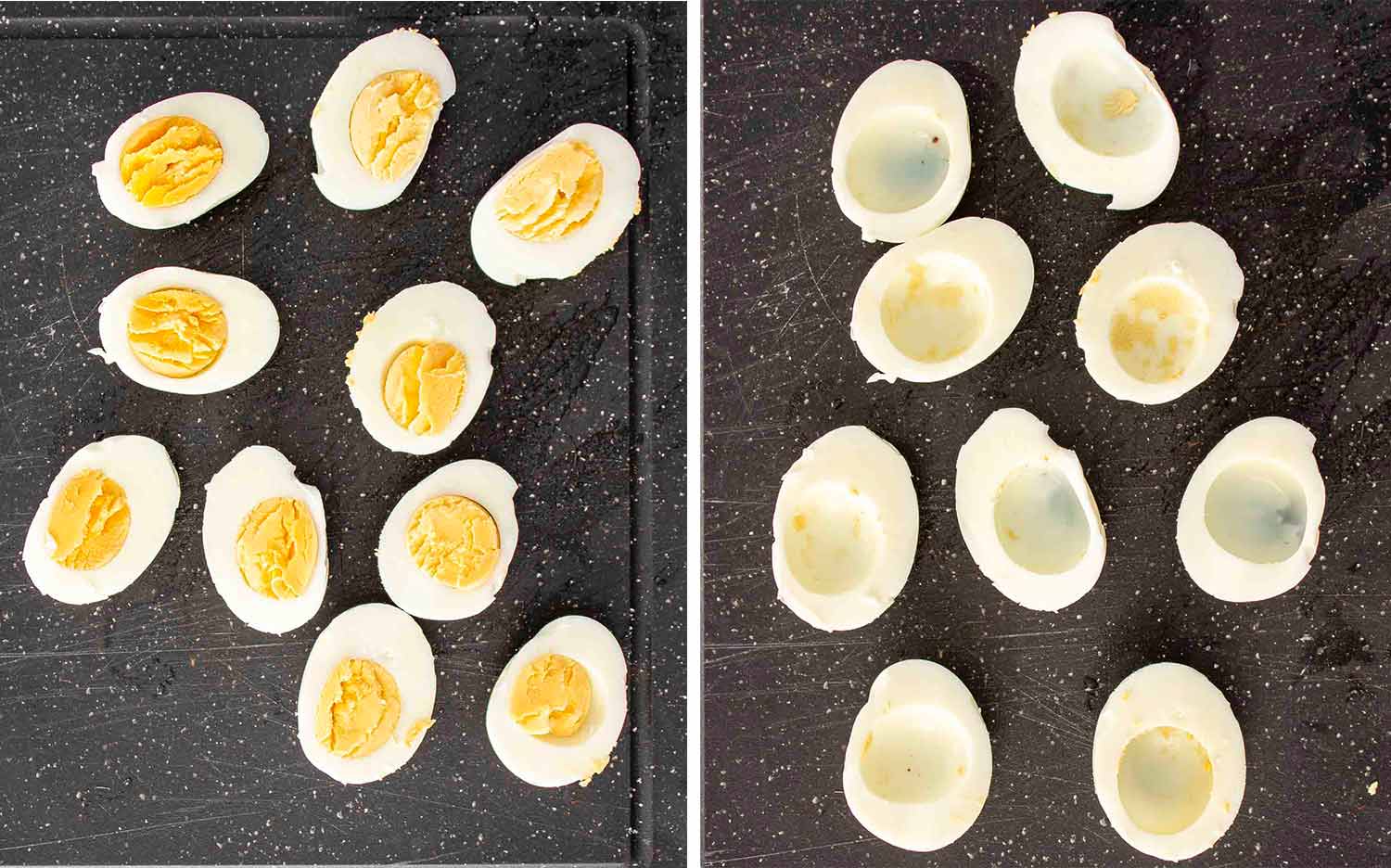 process shots showing how to make southern deviled eggs.