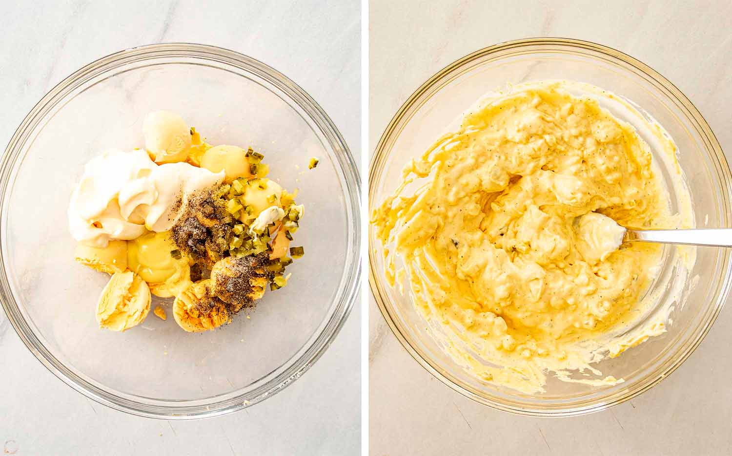 process shots showing how to make southern deviled eggs.