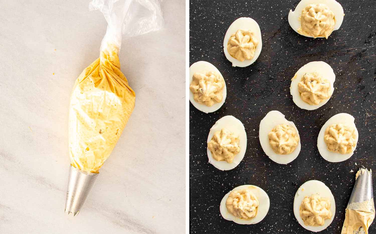 process shots showing how to make southern deviled eggs.