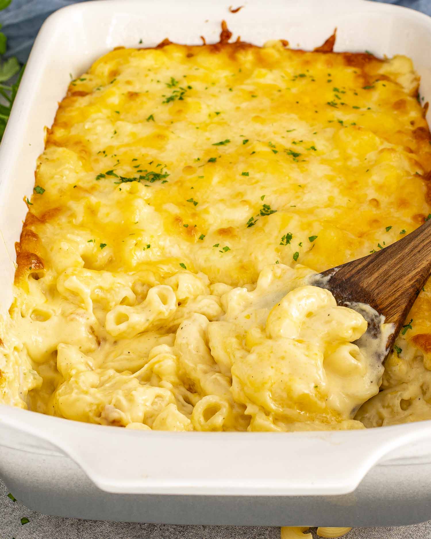 Baked mac and cheese in white dish with golden brown top, wooden spoon scooping creamy pasta.