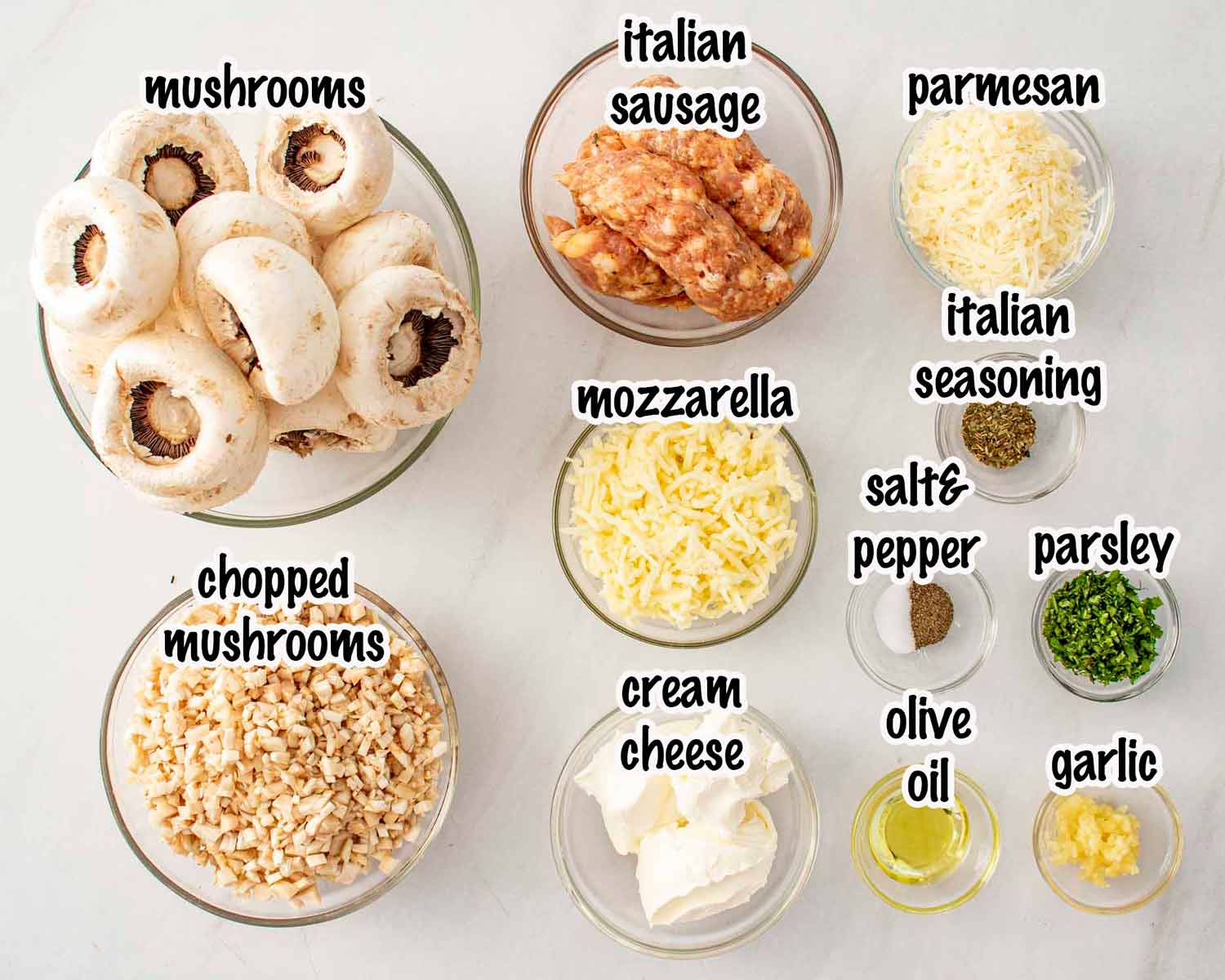 ingredients needed to make cheesy sausage stuffed mushrooms.