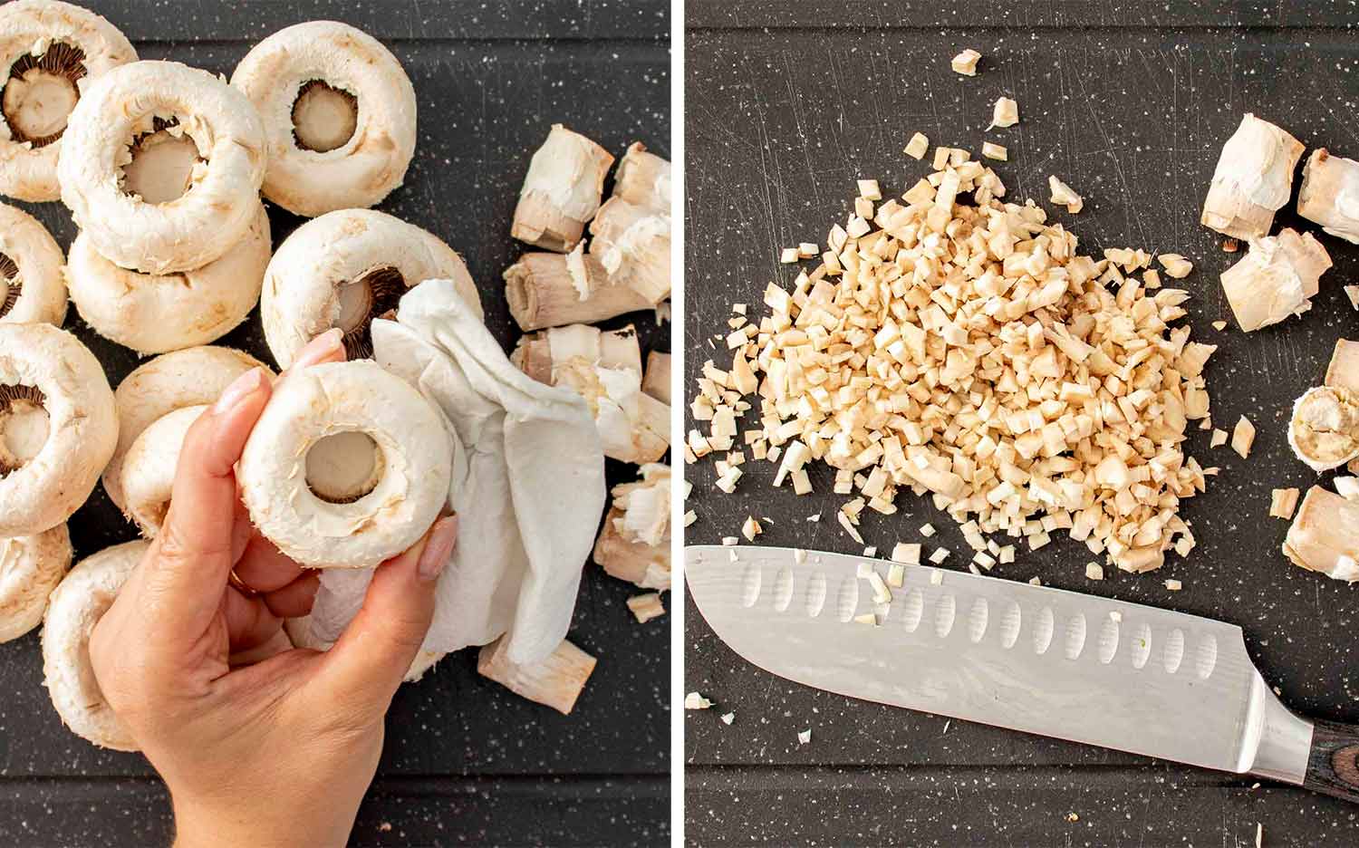 process shots showing how to make cheesy sausage stuffed mushrooms.