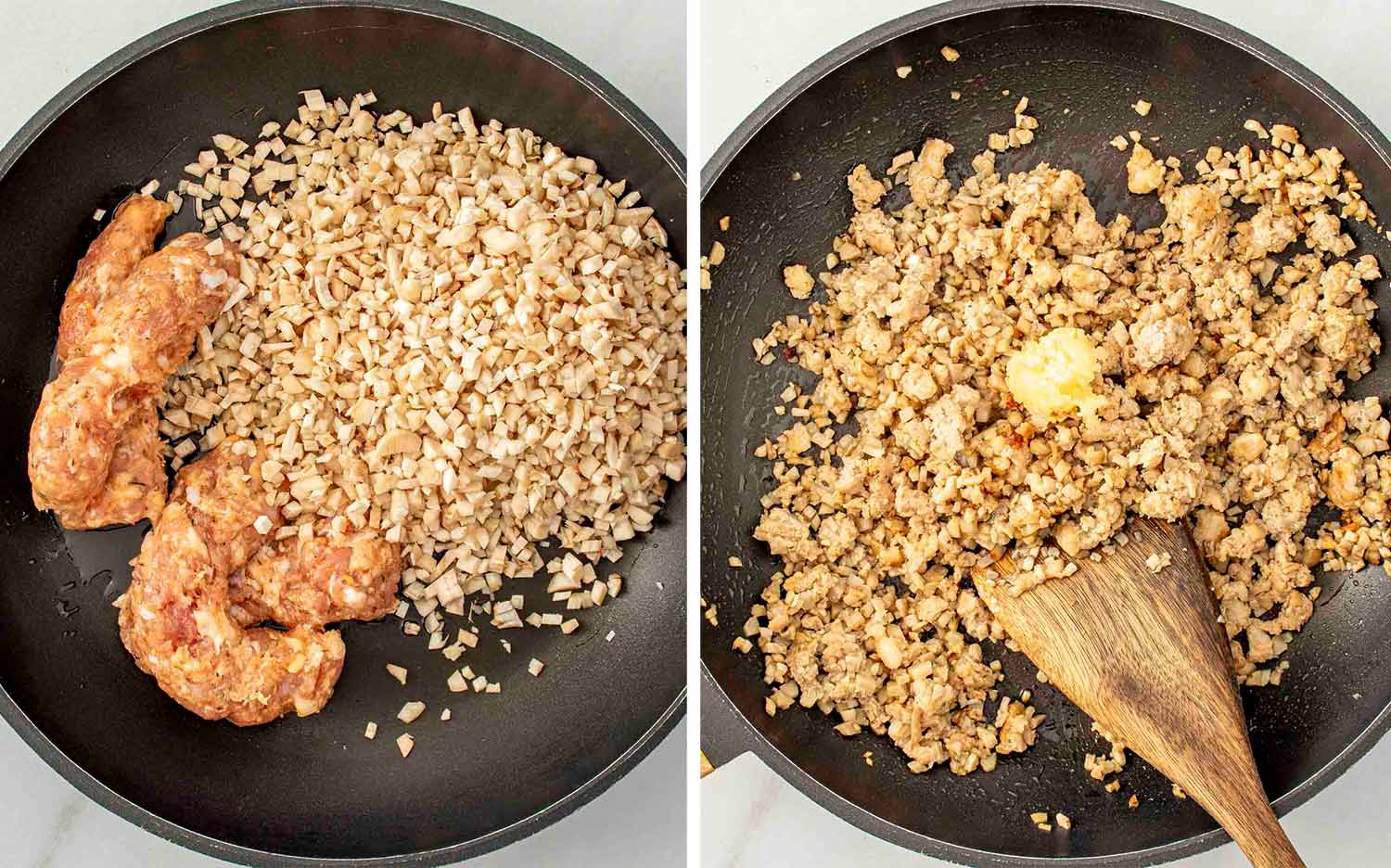 process shots showing how to make cheesy sausage stuffed mushrooms.
