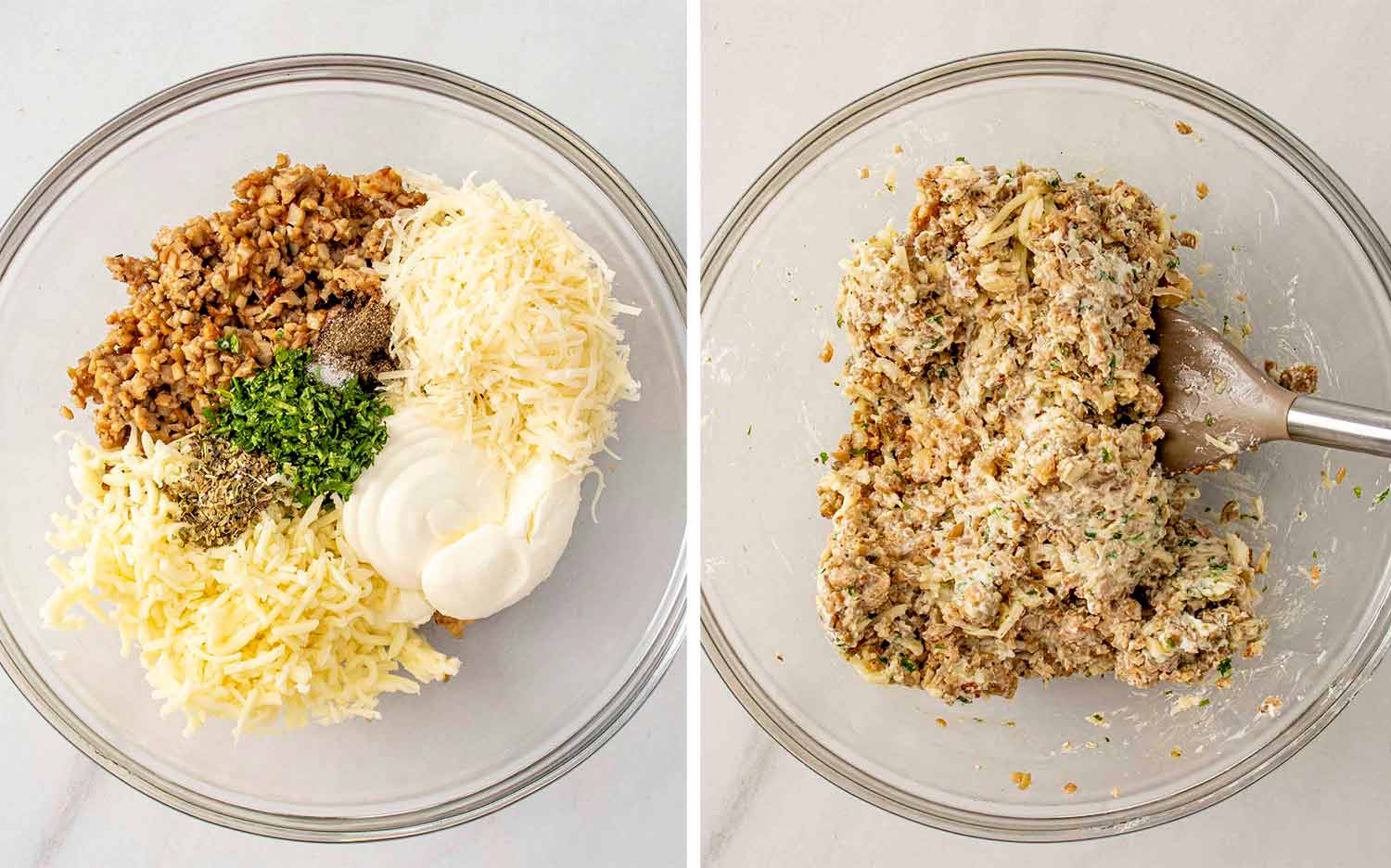 process shots showing how to make cheesy sausage stuffed mushrooms.