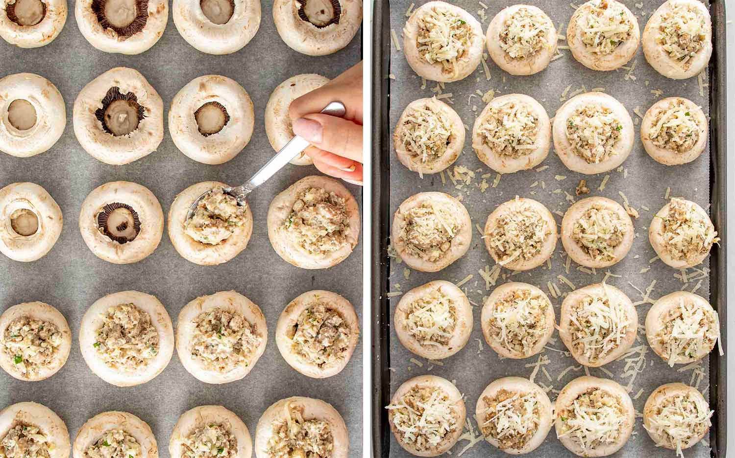 process shots showing how to make cheesy sausage stuffed mushrooms.