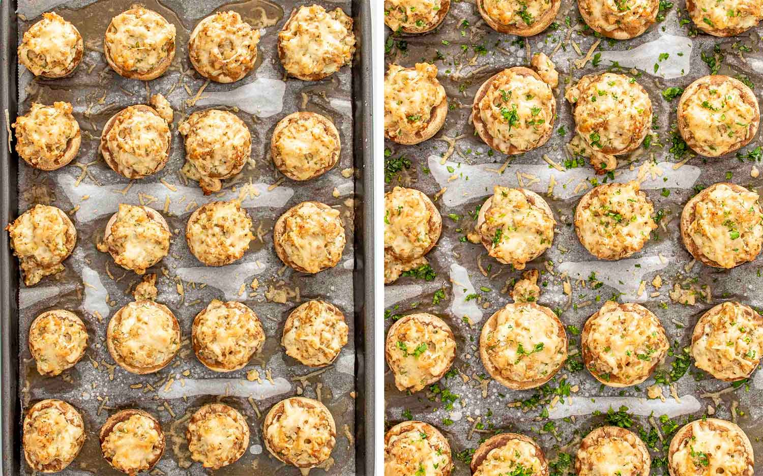 process shots showing how to make cheesy sausage stuffed mushrooms.