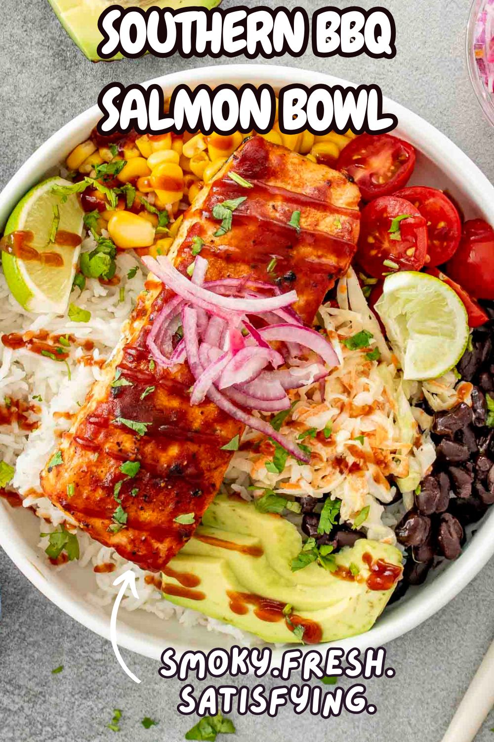 pin for southern bbq salmon bowl.