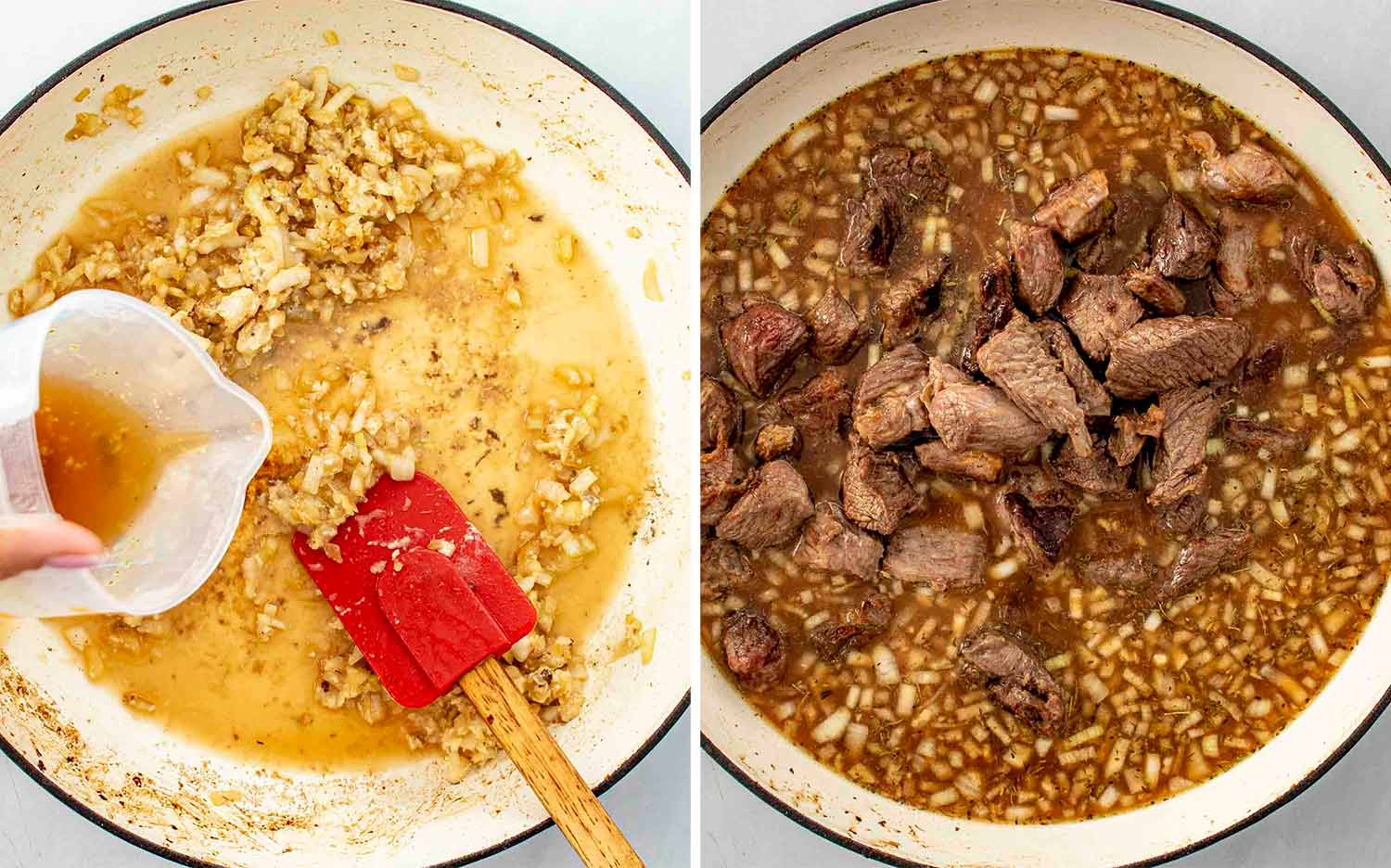process shots showing how to make beef tips and noodles.
