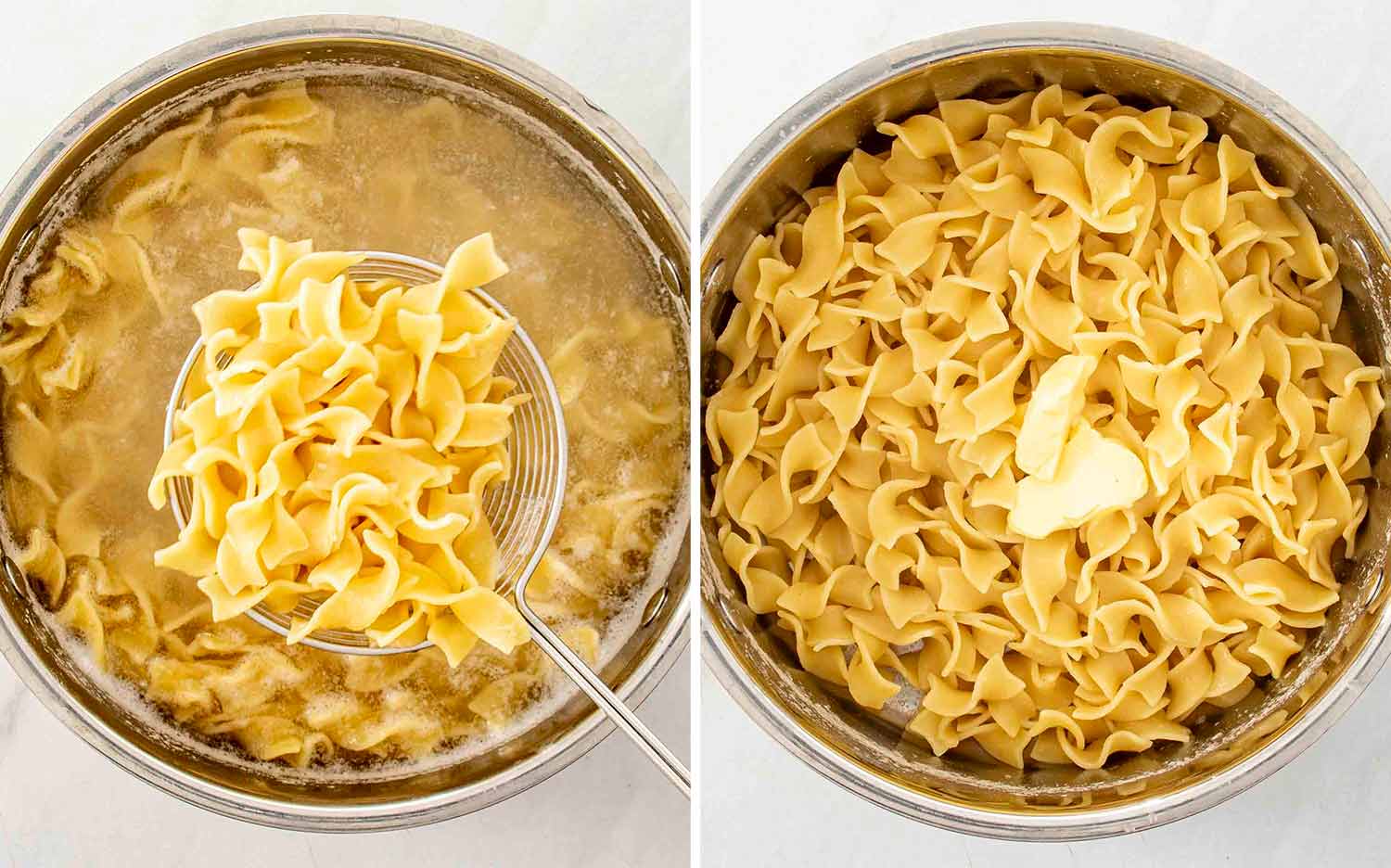 process shots showing how to make beef tips and noodles.