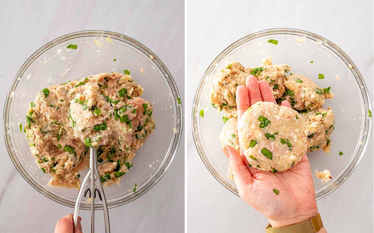 showing how to make spinach and feta chicken patties.