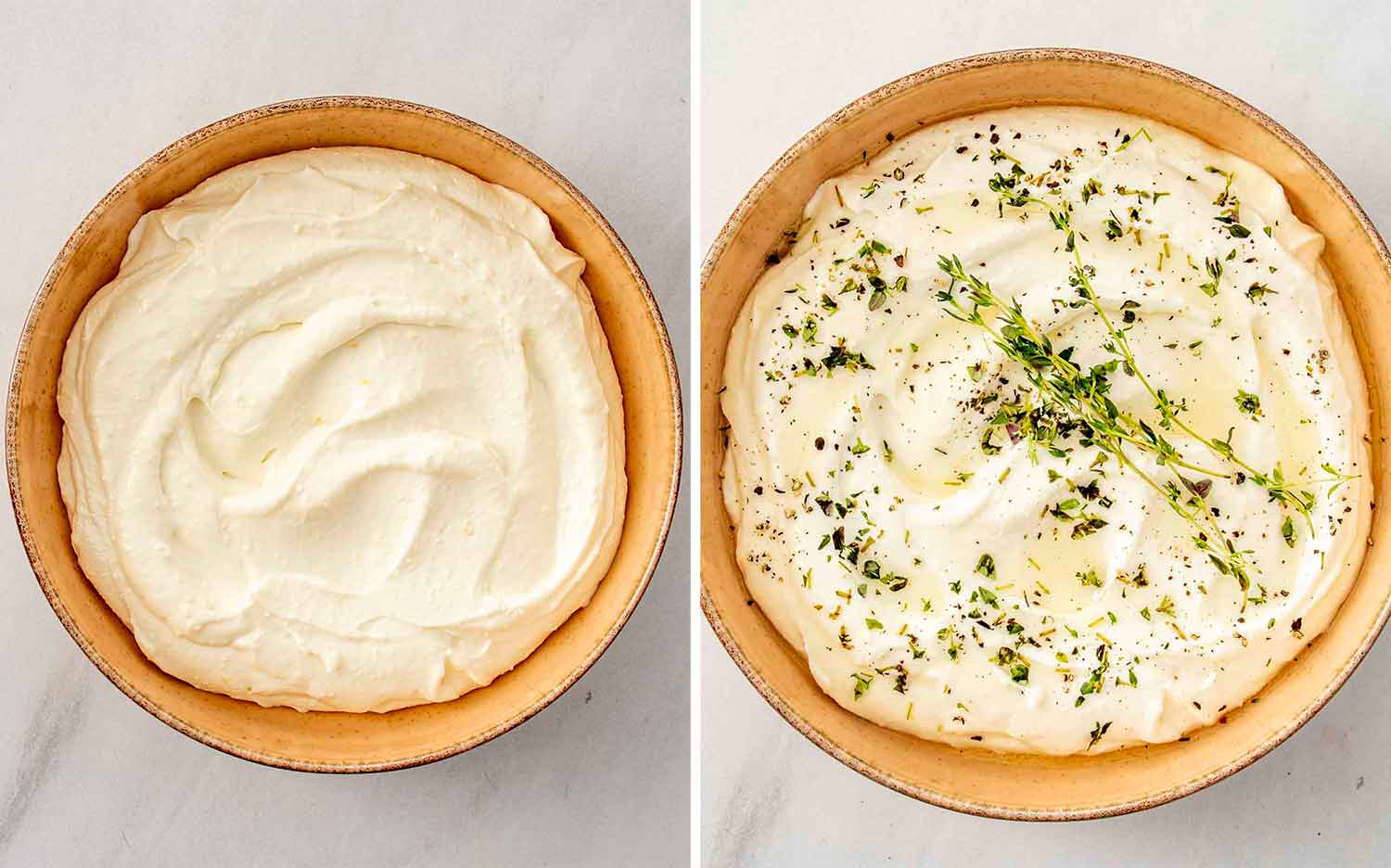 process shots showing how to make whipped feta.