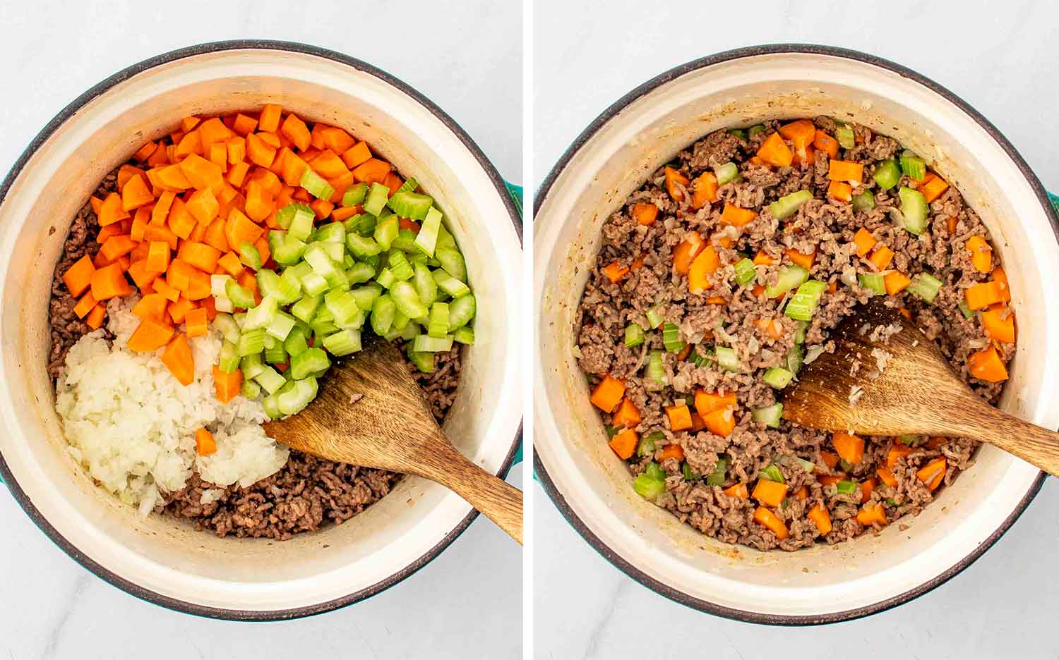 process shots showing how to make beef and cabbage soup.