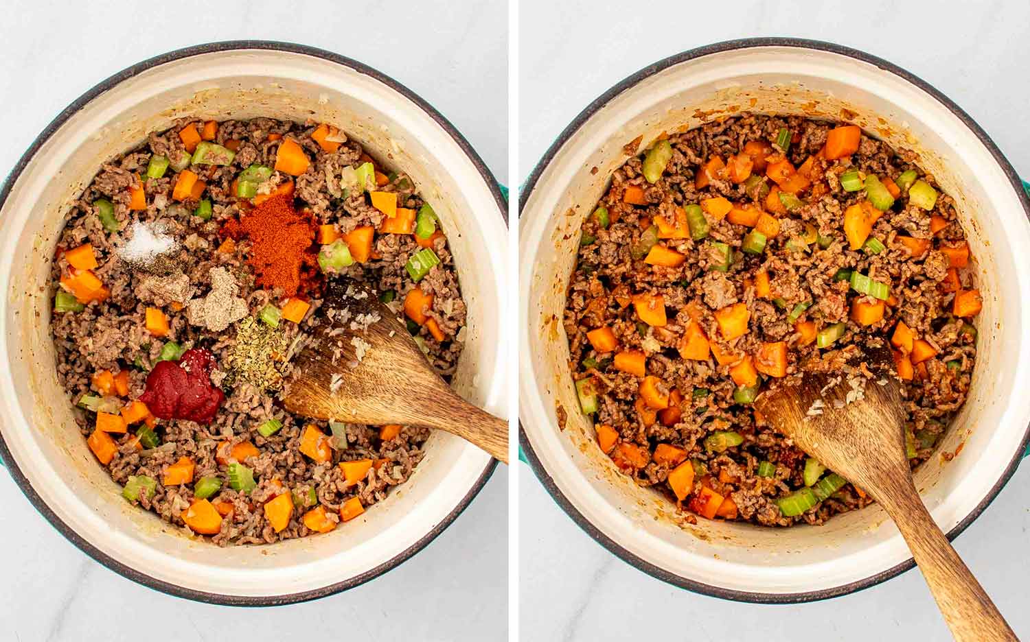 process shots showing how to make beef and cabbage soup.