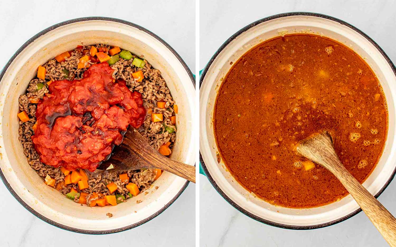 process shots showing how to make beef and cabbage soup.