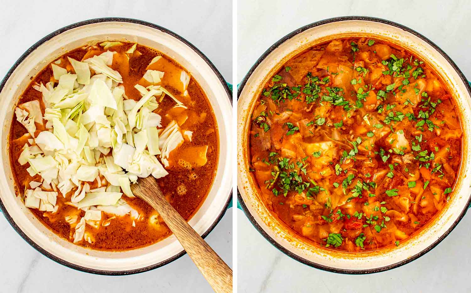 process shots showing how to make beef and cabbage soup.