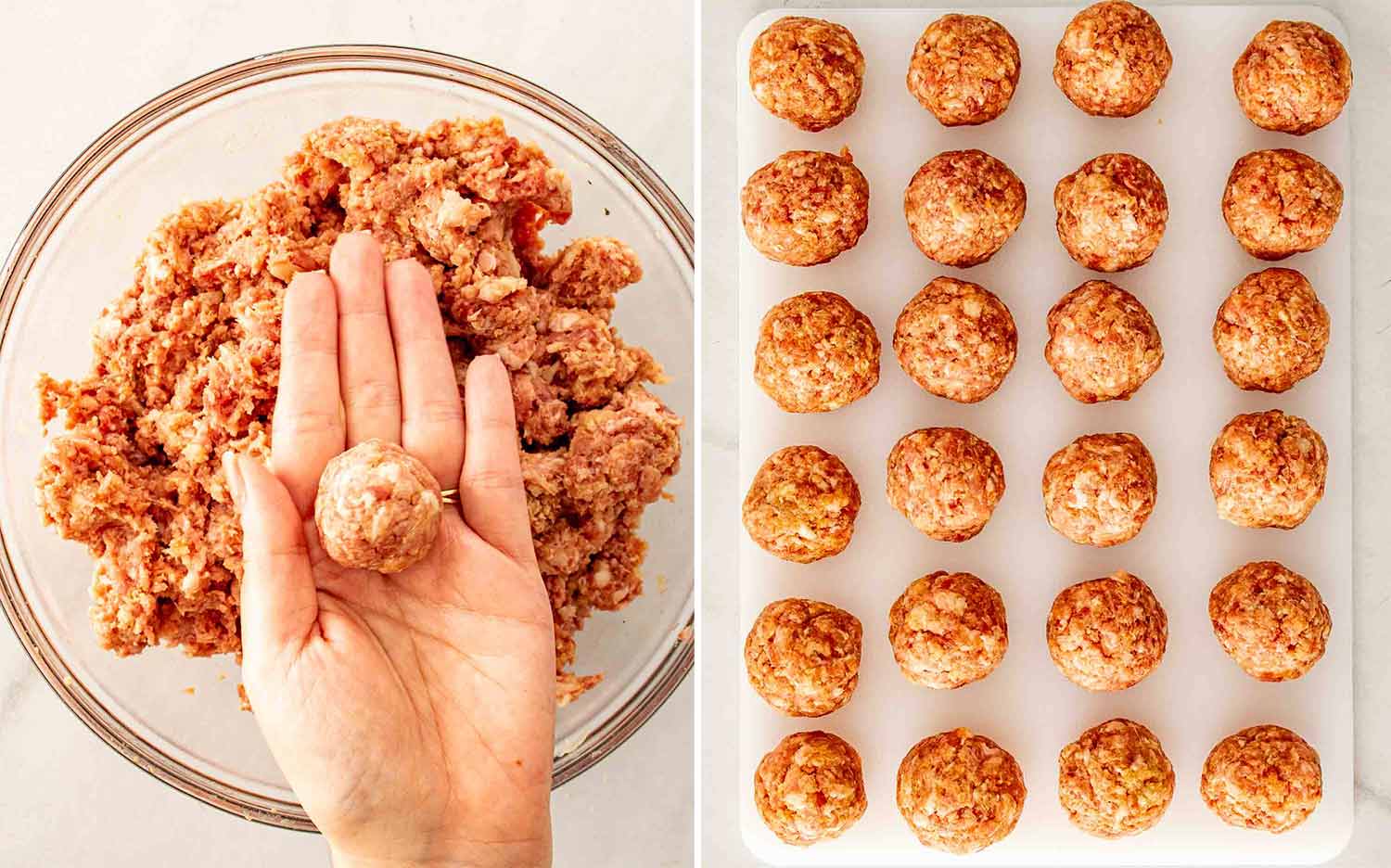 process shots showing how to make maple mustard meatballs.