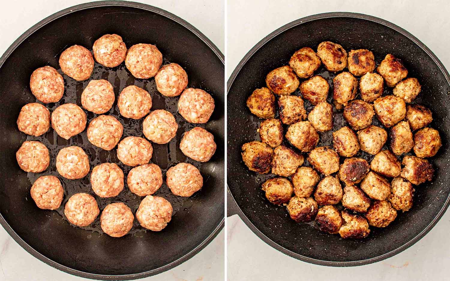 process shots showing how to make maple mustard meatballs.