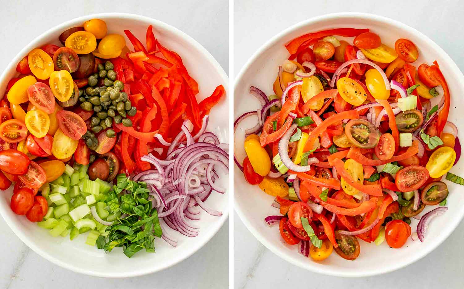 process shots showing how to make panzanella salad.