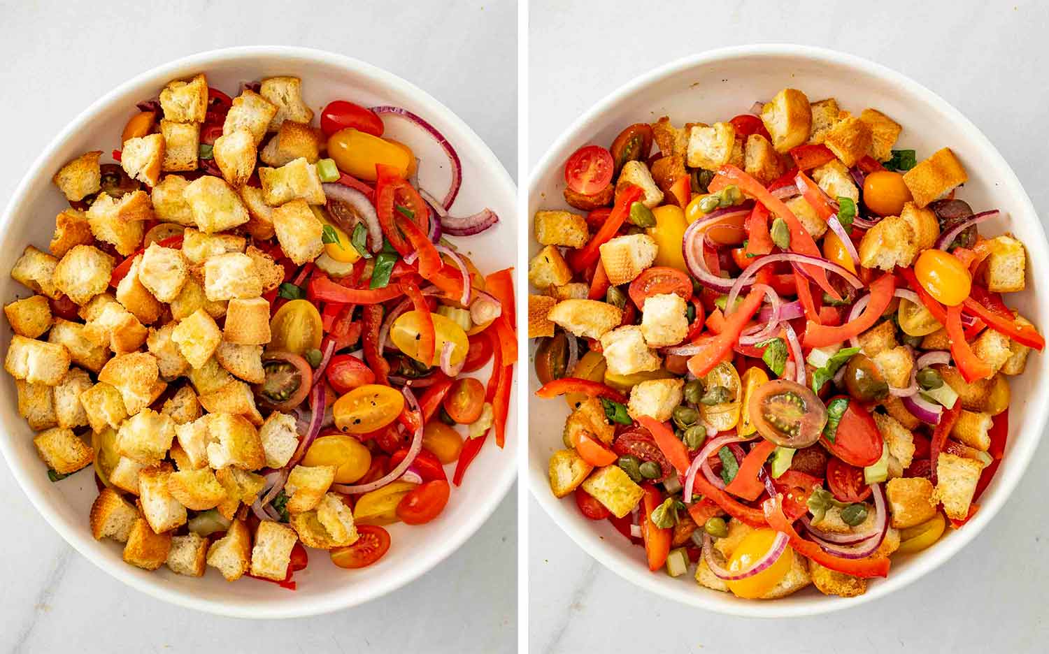 process shots showing how to make panzanella salad.