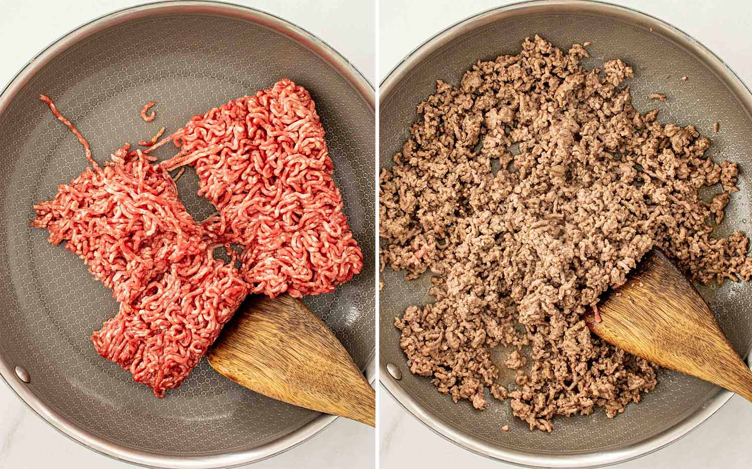 process shots showing how to make creamy beef and shells.