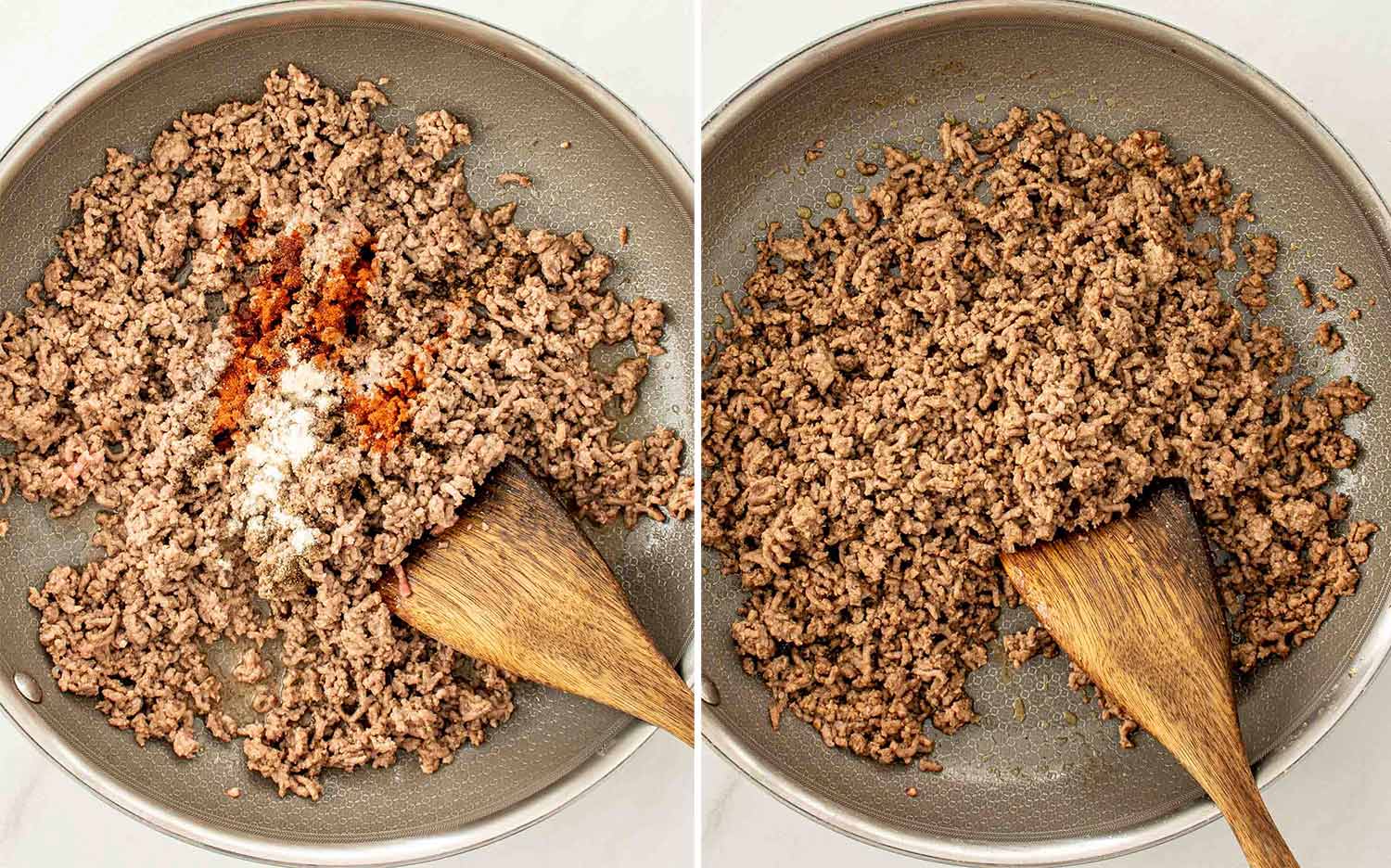 process shots showing how to make creamy beef and shells.