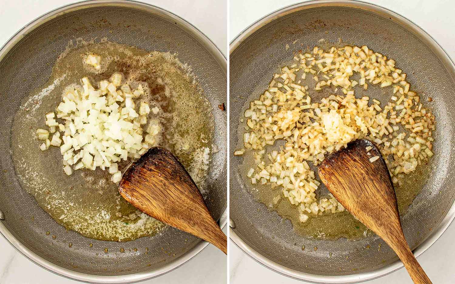 process shots showing how to make creamy beef and shells.