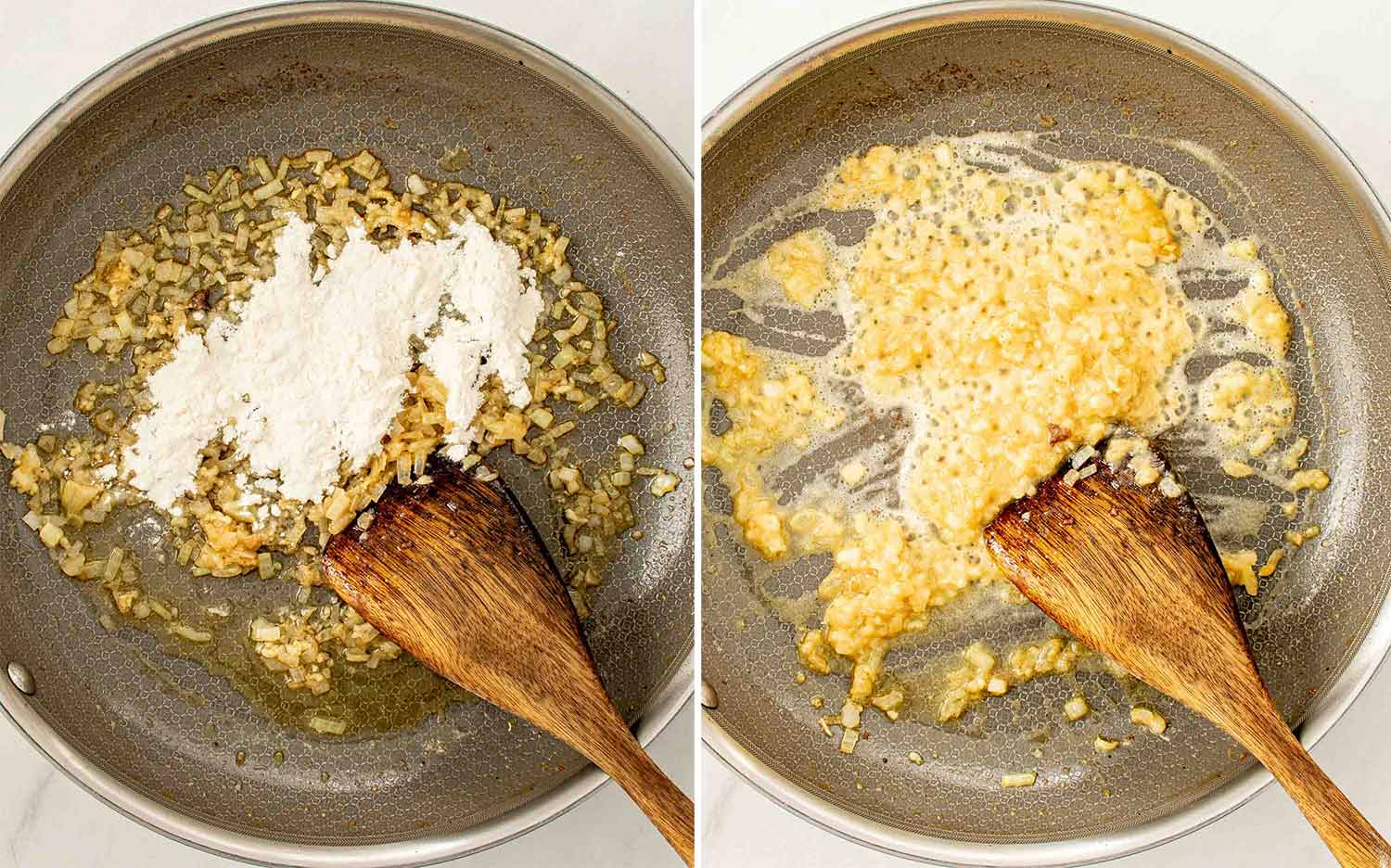 process shots showing how to make creamy beef and shells.