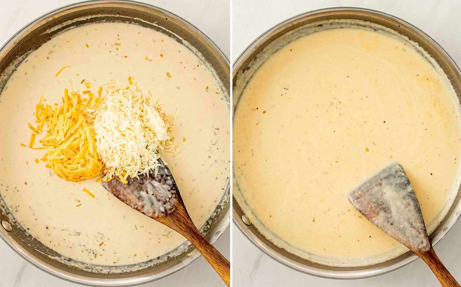 process shots showing how to make creamy beef and shells.
