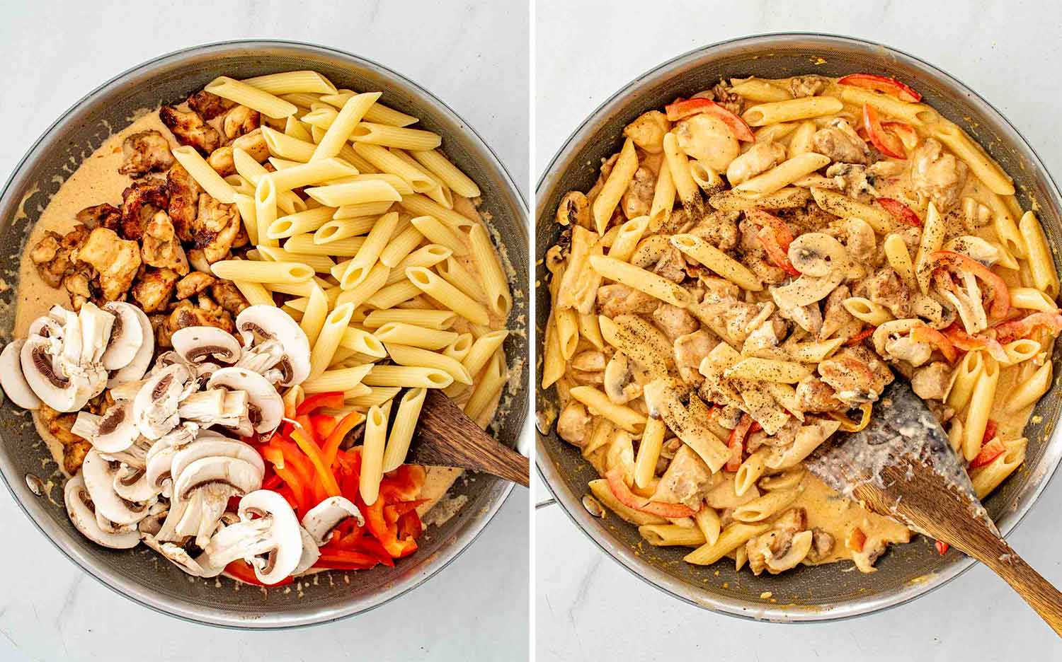 process shots showing how to make creamy cajun chicken pasta.