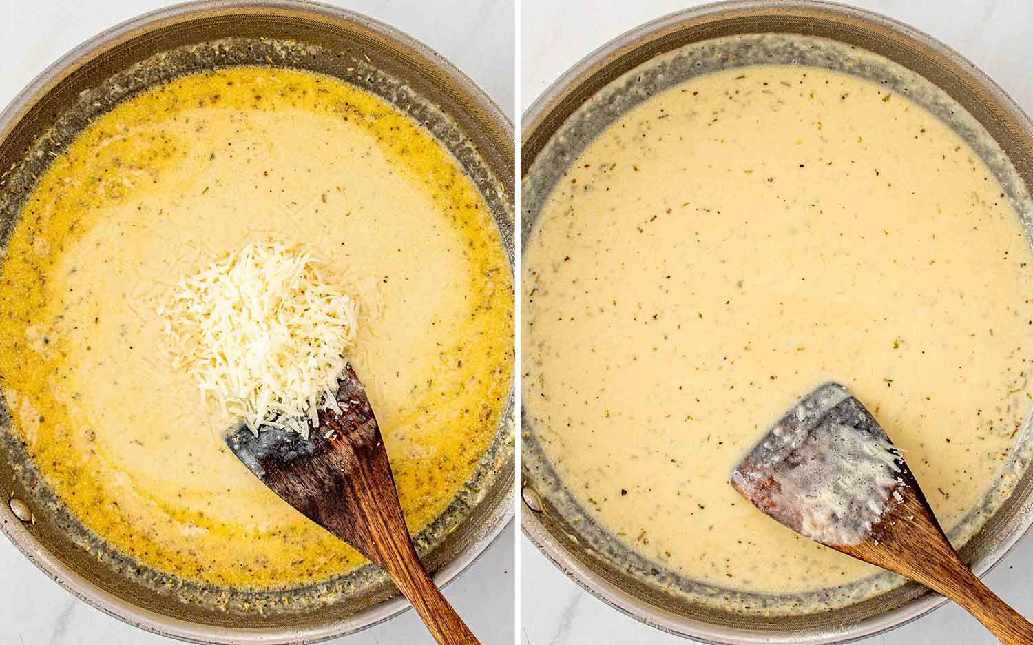 process shots showing how to make creamy garlic parmesan chicken.
