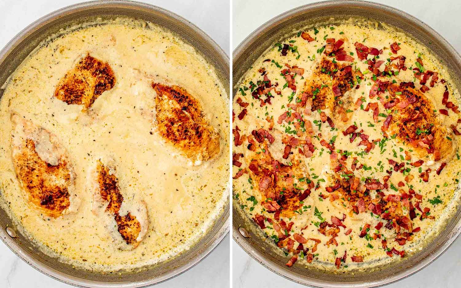 process shots showing how to make creamy garlic parmesan chicken.