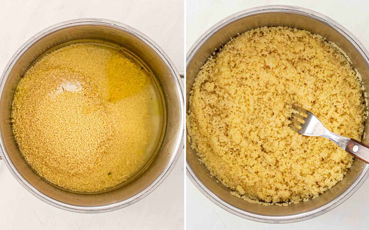 process shots showing how to make garlic shrimp couscous bowls.