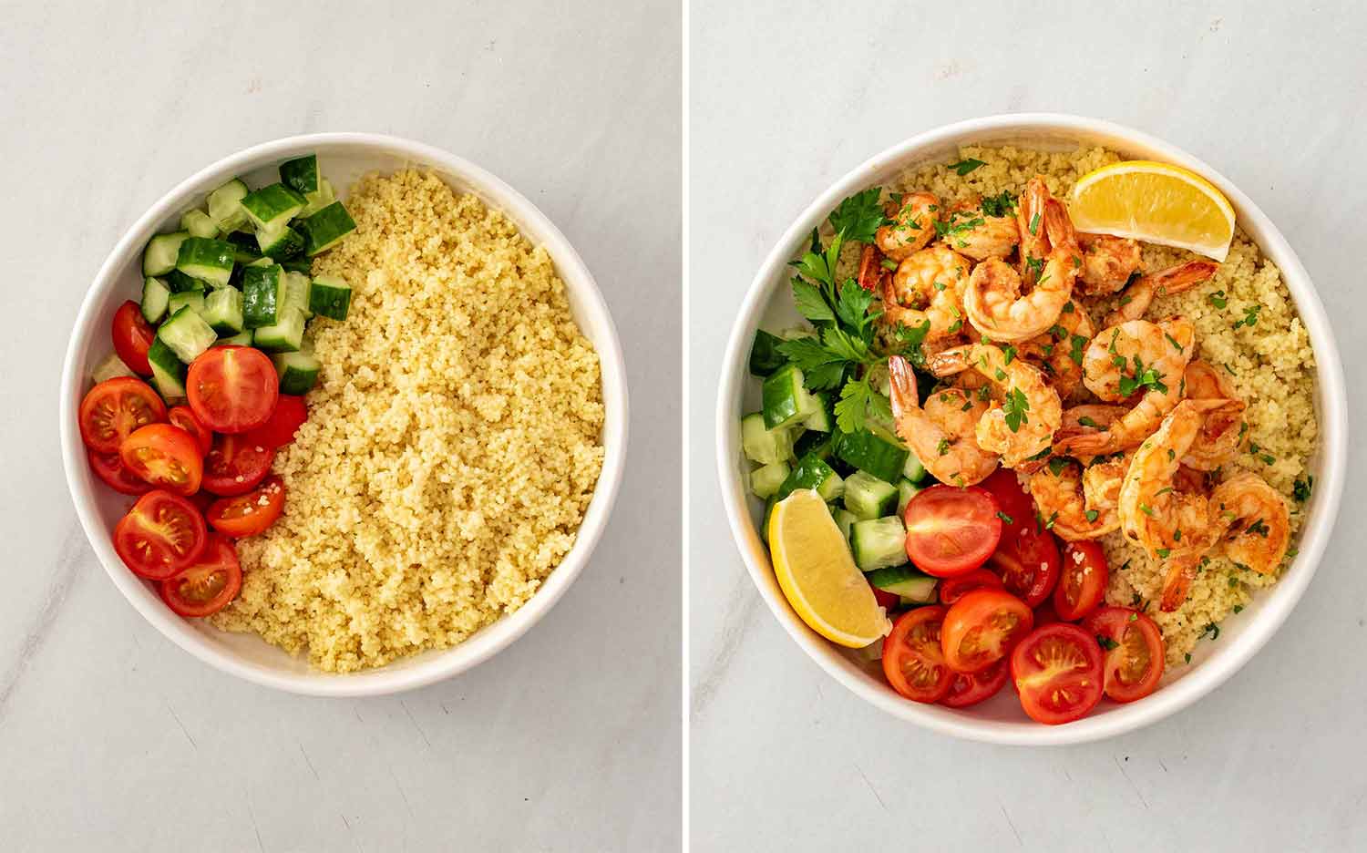 process shots showing how to make garlic shrimp couscous bowls.
